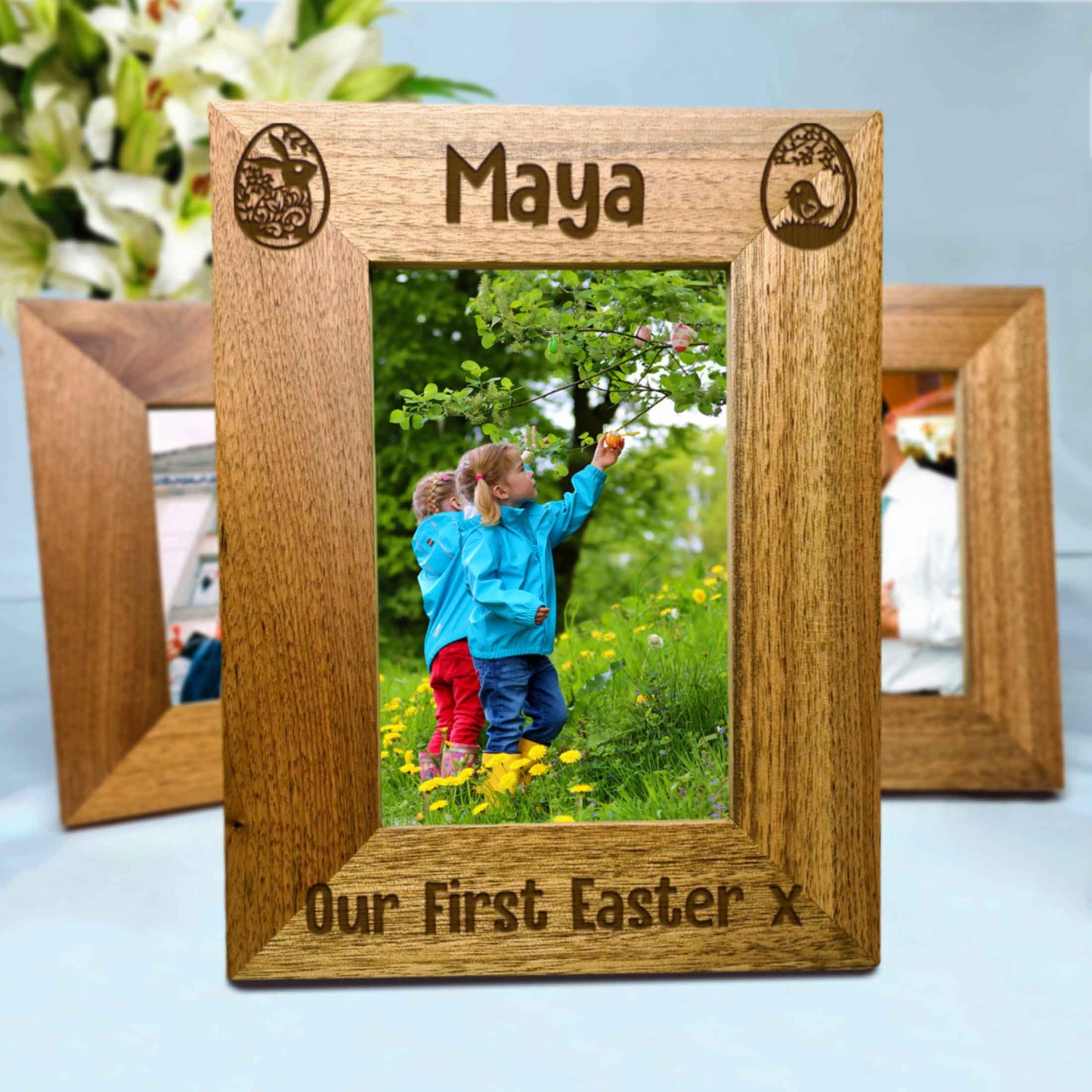 Personalised Easter Bunny and Chick Photo Frame Oak Frame