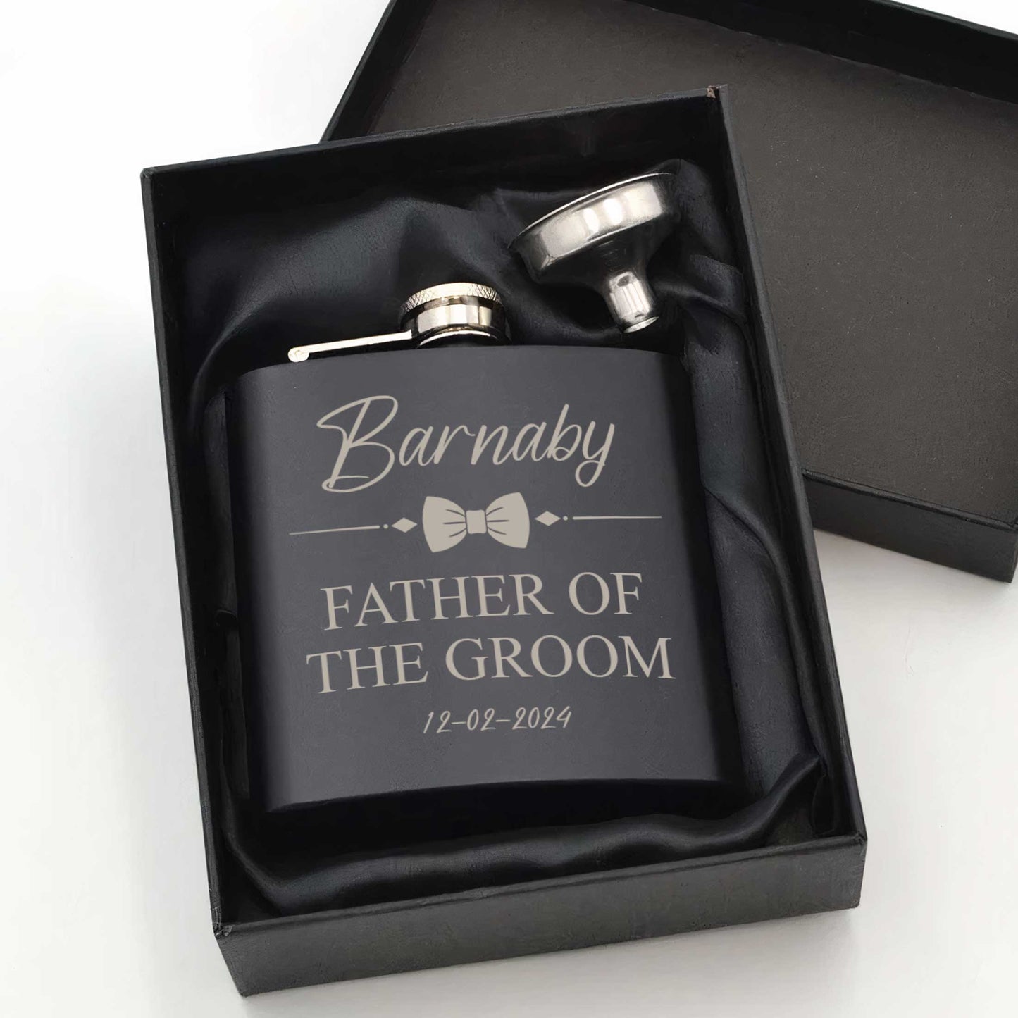 Personalised Bow Tie 6oz Black Hip Flask