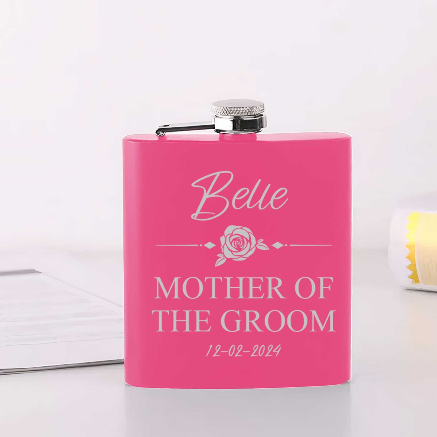 Personalised Rose Wedding 6oz Steel Hip Flask