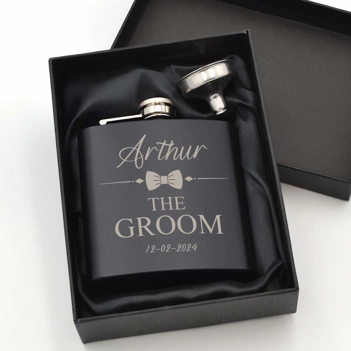 Personalised Bow Tie 6oz Black Hip Flask