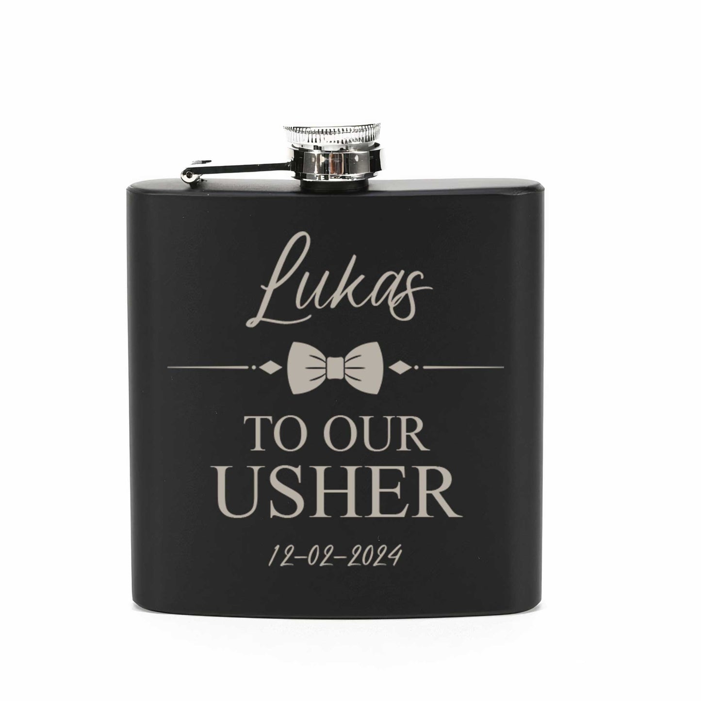 Personalised Bow Tie 6oz Black Hip Flask